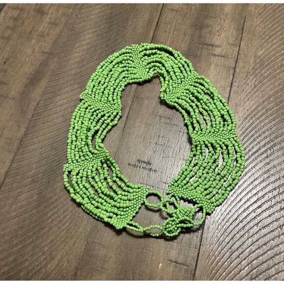 Art Deco Style Scalloped Seed Bead Glass Bib Necklace Green Boho Festival - Picture 3 of 6